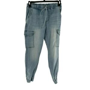 Almost Famous Jeans Womens Large Elastic Waist Drawstring Utility Jogger Denim